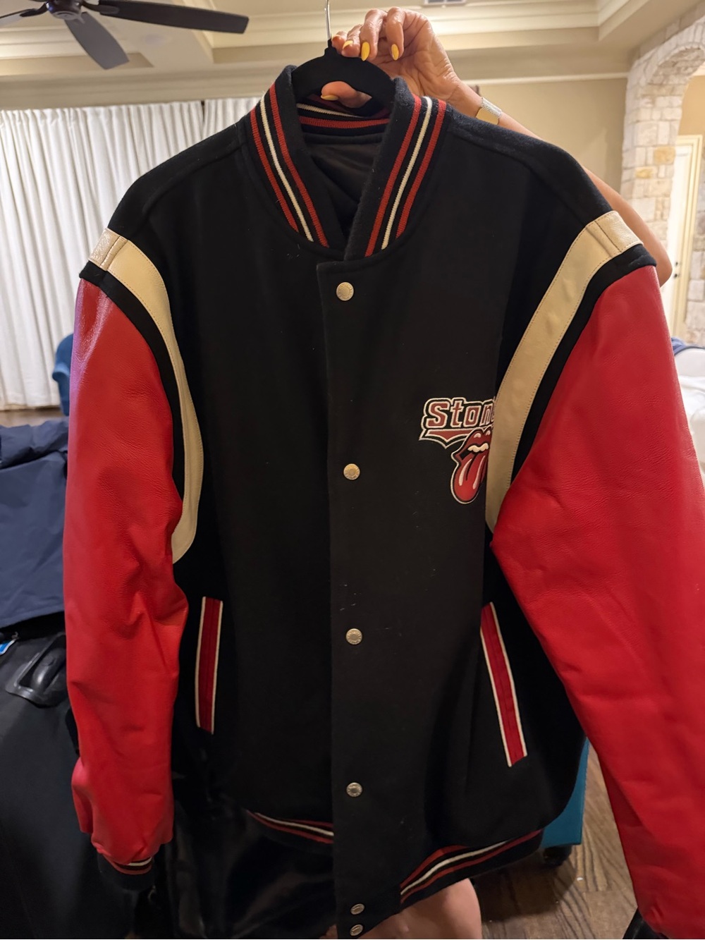 2010s Vintage Rolling Stones Black, Red & Cream Varsity Bomber Jacket